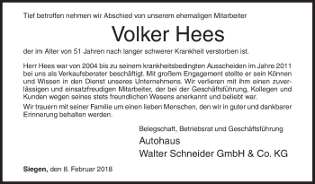 Traueranzeige von Volker Hees von Siegener Zeitung