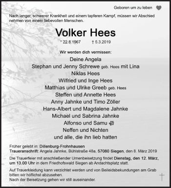 Traueranzeige von Volker Hees von Siegener Zeitung