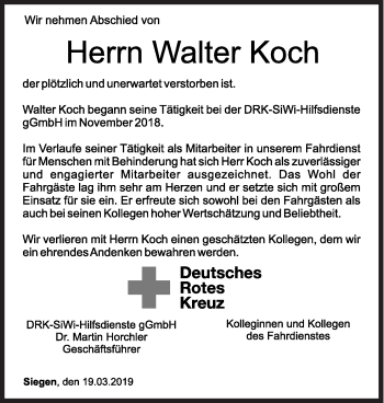 Traueranzeige von Walter Koch von Siegener Zeitung