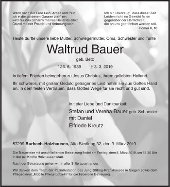 Traueranzeige von Waltrud Bauer von Siegener Zeitung