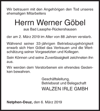 Traueranzeige von Werner Göbel von Siegener Zeitung