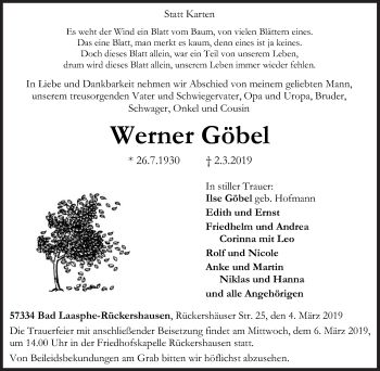 Traueranzeige von Werner Göbel von Siegener Zeitung