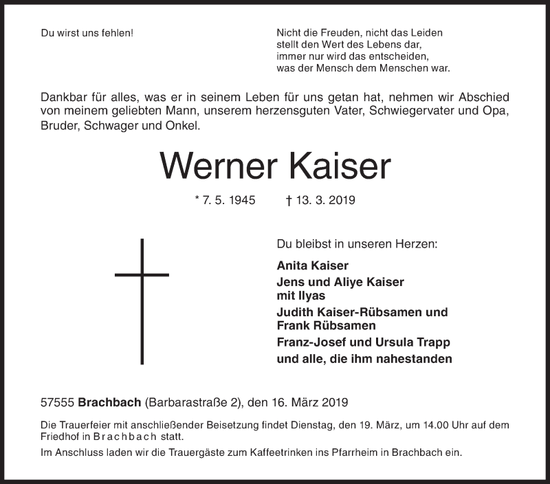  Traueranzeige für Werner Kaiser vom 16.03.2019 aus Siegener Zeitung