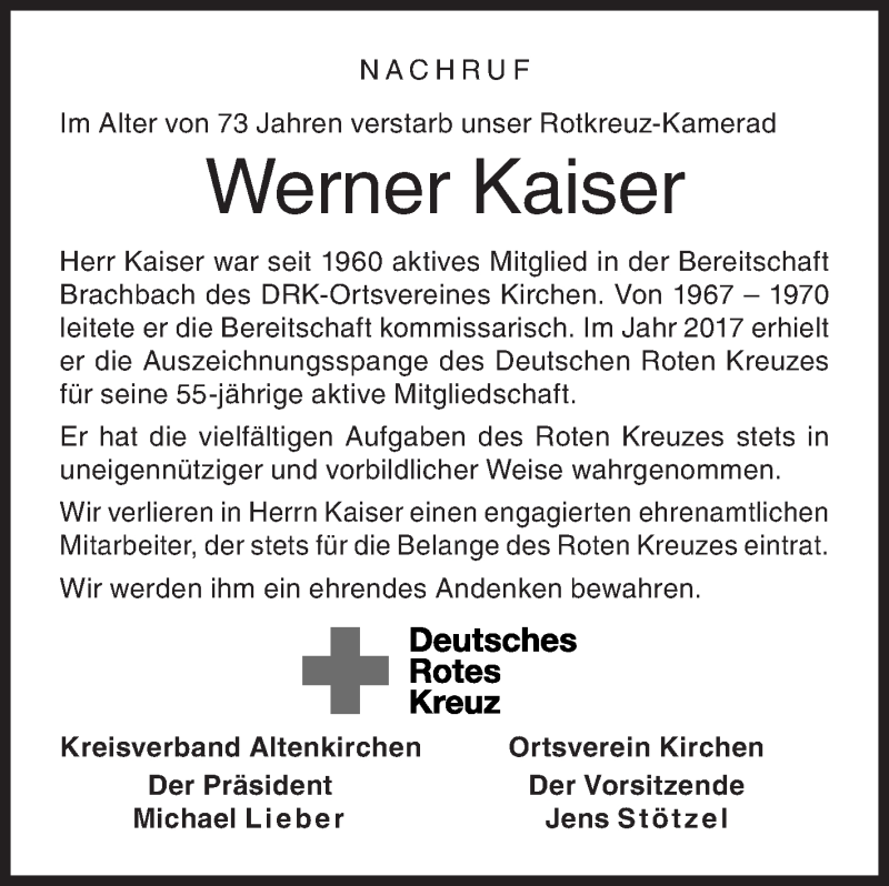  Traueranzeige für Werner Kaiser vom 19.03.2019 aus Siegener Zeitung
