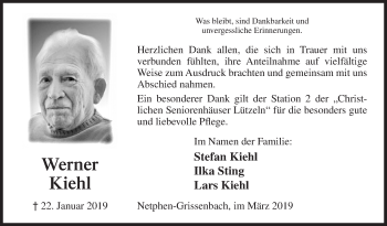 Traueranzeige von Werner Kiehl von Siegener Zeitung