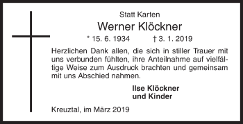 Traueranzeige von Werner Klöckner von Siegener Zeitung