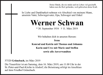 Traueranzeige von Werner Schwan von Siegener Zeitung