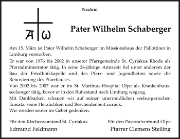 Traueranzeige von Wilhelm Schaberger von Siegener Zeitung