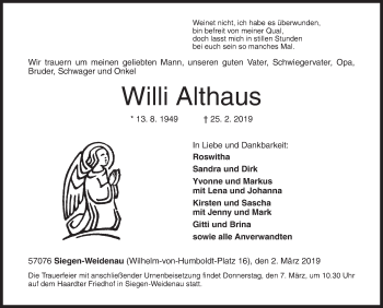 Traueranzeige von Willi Althaus von Siegener Zeitung