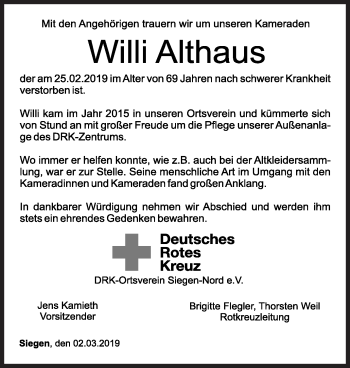 Traueranzeige von Willi Althaus von Siegener Zeitung