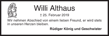 Traueranzeige von Willi Althaus von Siegener Zeitung