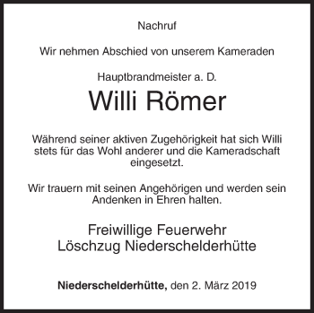 Traueranzeige von Willi Römer von Siegener Zeitung