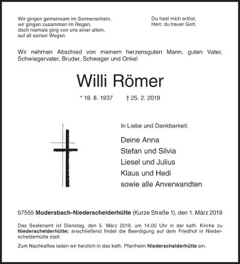 Traueranzeige von Willi Römer von Siegener Zeitung