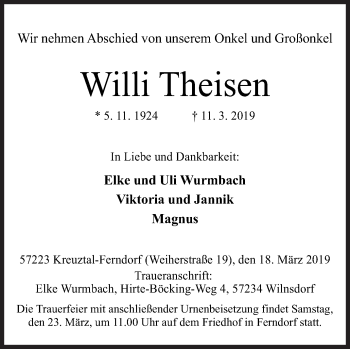 Traueranzeige von Willi Theisen von Siegener Zeitung