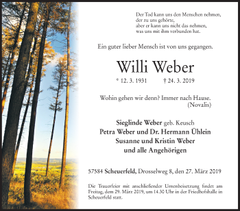 Traueranzeige von Willi Weber von Siegener Zeitung