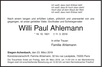 Traueranzeige von Willi Paul Ahlemann von Siegener Zeitung