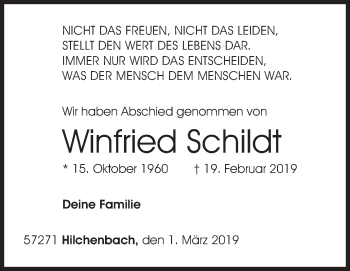 Traueranzeige von Winfried Schildt von Siegener Zeitung