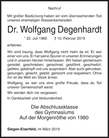 Traueranzeige von Wolfgang Degenhardt von Siegener Zeitung