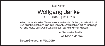 Traueranzeige von Wolfgang Janke von Siegener Zeitung