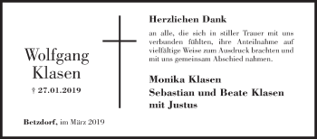 Traueranzeige von Wolfgang Klasen von Siegener Zeitung