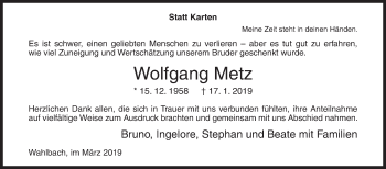 Traueranzeige von Wolfgang Metz von Siegener Zeitung