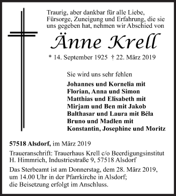 Traueranzeige von Änne Krell von Siegener Zeitung