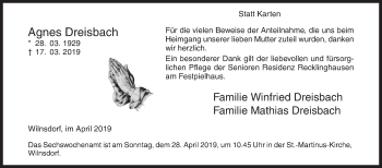 Traueranzeige von Agnes Dreisbach von Siegener Zeitung