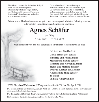 Traueranzeige von Agnes Schäfer von Siegener Zeitung