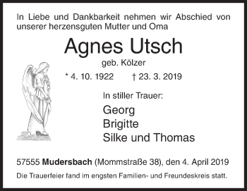 Traueranzeige von Agnes Utsch von Siegener Zeitung