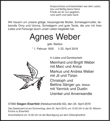Traueranzeige von Agnes Weber von Siegener Zeitung