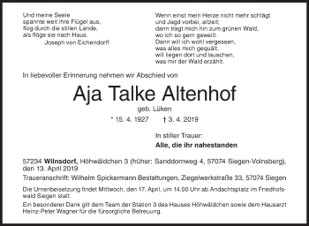 Traueranzeige von Aja Talke Altenhof von Siegener Zeitung