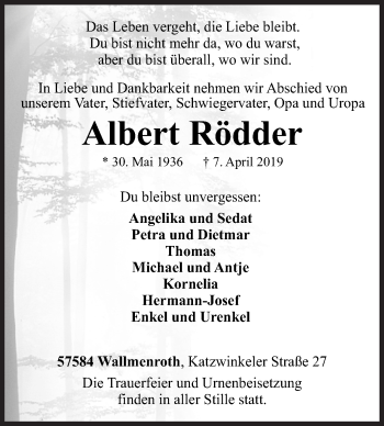Traueranzeige von Albert Rödder von Siegener Zeitung