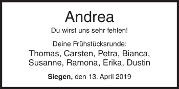 Traueranzeige von Andrea  von Siegener Zeitung