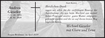 Traueranzeige von Andrea Gieseler von Siegener Zeitung