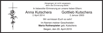 Traueranzeige von Anna und Gottlieb Kutschera von Siegener Zeitung