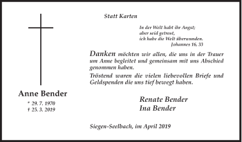 Traueranzeige von Anne Bender von Siegener Zeitung