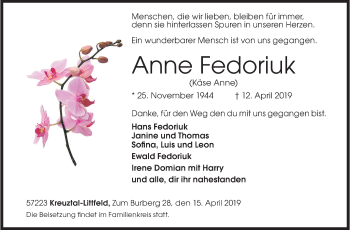 Traueranzeige von Anne Fedoriuk von Siegener Zeitung