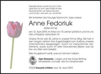 Traueranzeige von Anne Fedoriuk von Siegener Zeitung