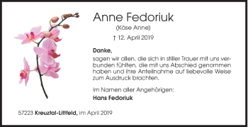 Traueranzeige von Anne Fedoriuk von Siegener Zeitung