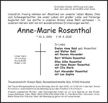 Traueranzeige von Anne-Marie Rosenthal von Siegener Zeitung