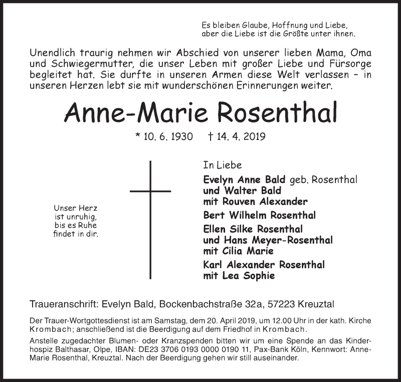  Traueranzeige für Anne-Marie Rosenthal vom 17.04.2019 aus Siegener Zeitung