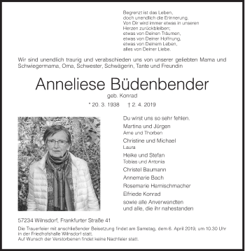 Traueranzeige von Anneliese Büdenbender von Siegener Zeitung