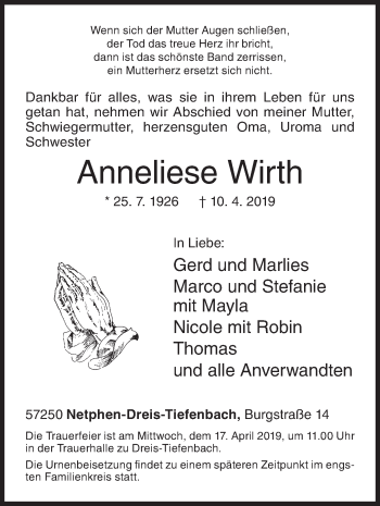 Traueranzeige von Anneliese Wirth von Siegener Zeitung