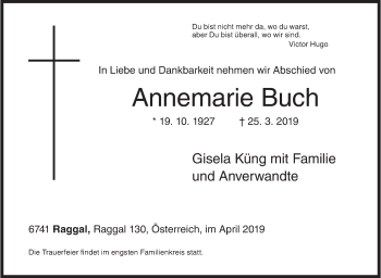 Traueranzeige von Annemarie Buch von Siegener Zeitung