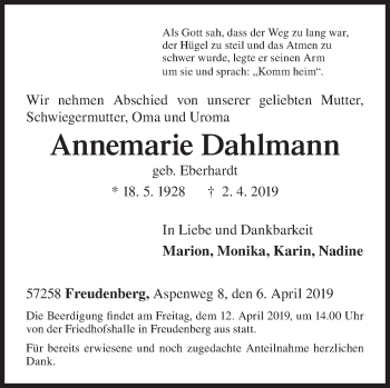 Traueranzeige von Annemarie Dahlmann von Siegener Zeitung