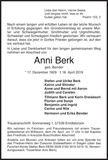 Traueranzeige von Anni Berk von Siegener Zeitung