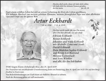 Traueranzeige von Artur Eckhardt von Siegener Zeitung