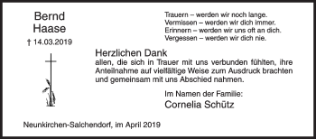 Traueranzeige von Bernd Haase von Siegener Zeitung