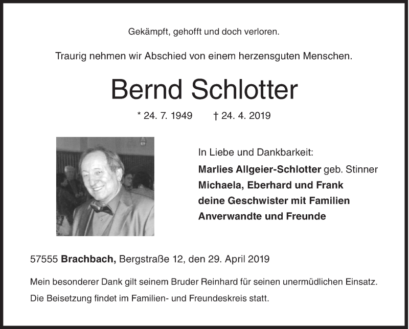  Traueranzeige für Bernd Schlotter vom 29.04.2019 aus Siegener Zeitung