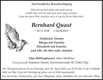 Traueranzeige von Bernhard Quast von Siegener Zeitung
